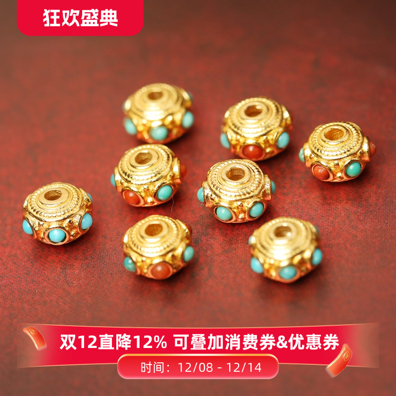 尼泊尔老金S925纯银镀24K金镶嵌绿松石蜻蜓眼转运隔珠diy手串配件