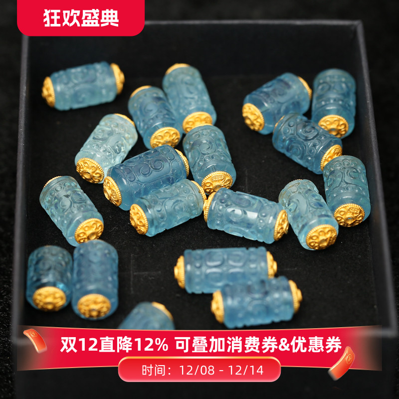 银镀金镶天然水晶海蓝宝回纹桶珠