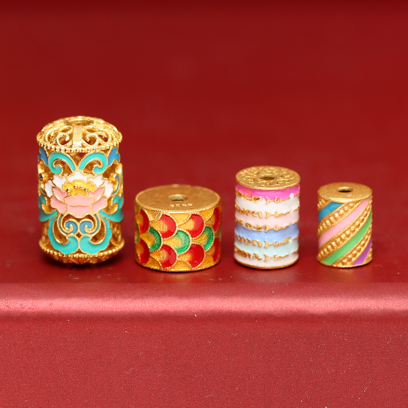 银烧蓝五条经文镂空桶珠手串手链