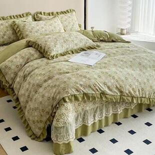 A类韩式花边床盖三件套可水洗夹棉加厚床单四季床铺盖被套四件套