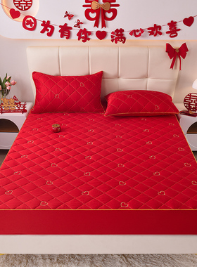 大红色结婚庆床笠三件套非纯棉全棉床罩单件全包床垫套四季通用