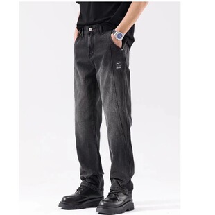秋冬季美式复古牛仔裤男宽松直筒裤 潮流拼接水洗工装牛仔长裤子