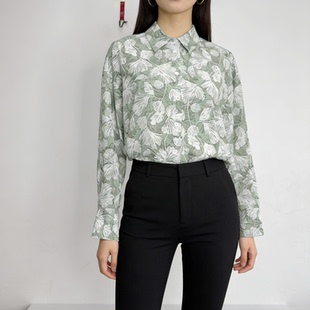 双绉桑蚕丝植物系显白气质上衣 女长袖 专柜正品 通勤风真丝印花衬衫