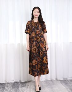 夏装高档奢华真丝桑蚕丝香云纱长款大码显瘦遮肉阔太太连衣裙