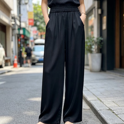 真丝桑蚕丝双绉花苞腰直筒休闲裤女新款夏季百搭