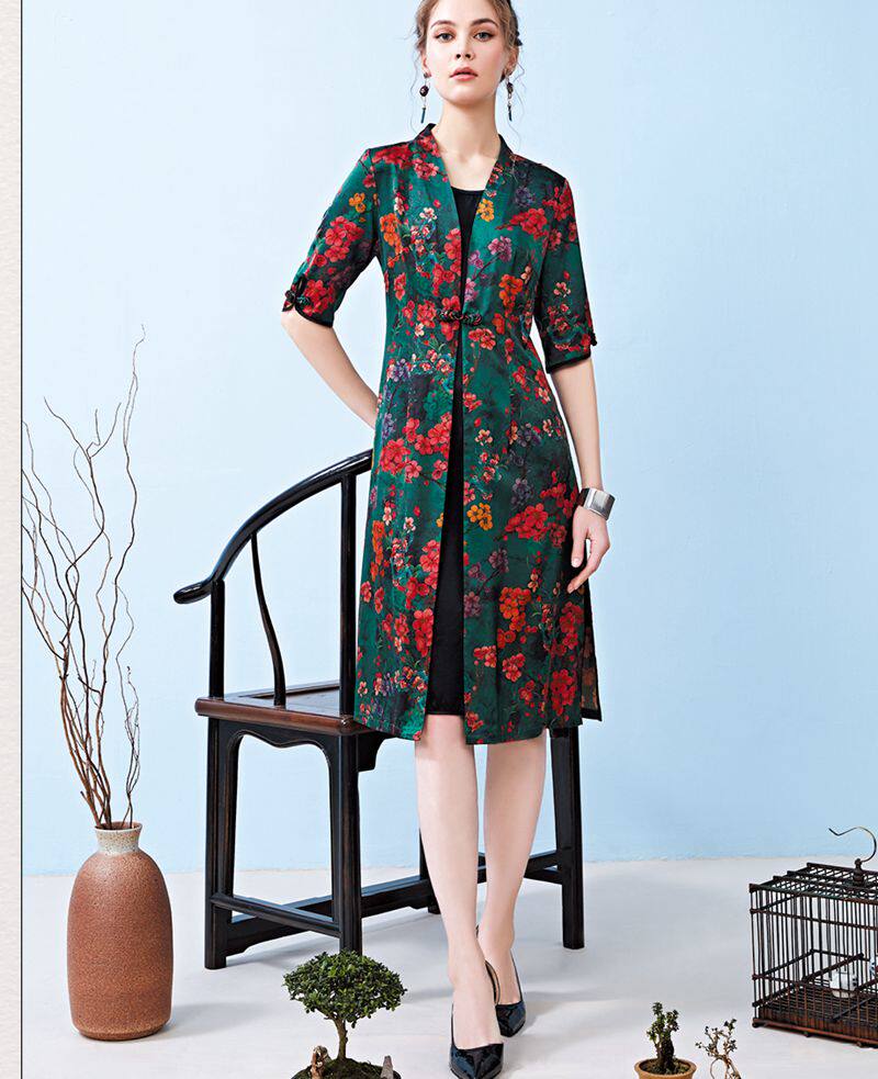 新款正品特从价桑蚕丝真丝弹力缎假两件套改良旗袍连衣裙016
