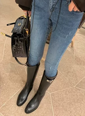 磨砂绒靴子女平底圆头高个子薄底显腿直腿瘦骑士靴不过膝高筒长靴