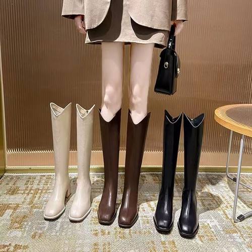 棕色靴女2025春秋新款小跟高筒靴小个子显瘦百搭高级粗跟尖头软皮