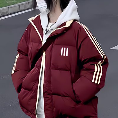 美式三条杠酒红色羽绒棉