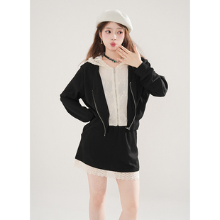 【蕾丝仙女】蕾丝连帽针织外套半裙子套装上衣+半裙别致俩件套