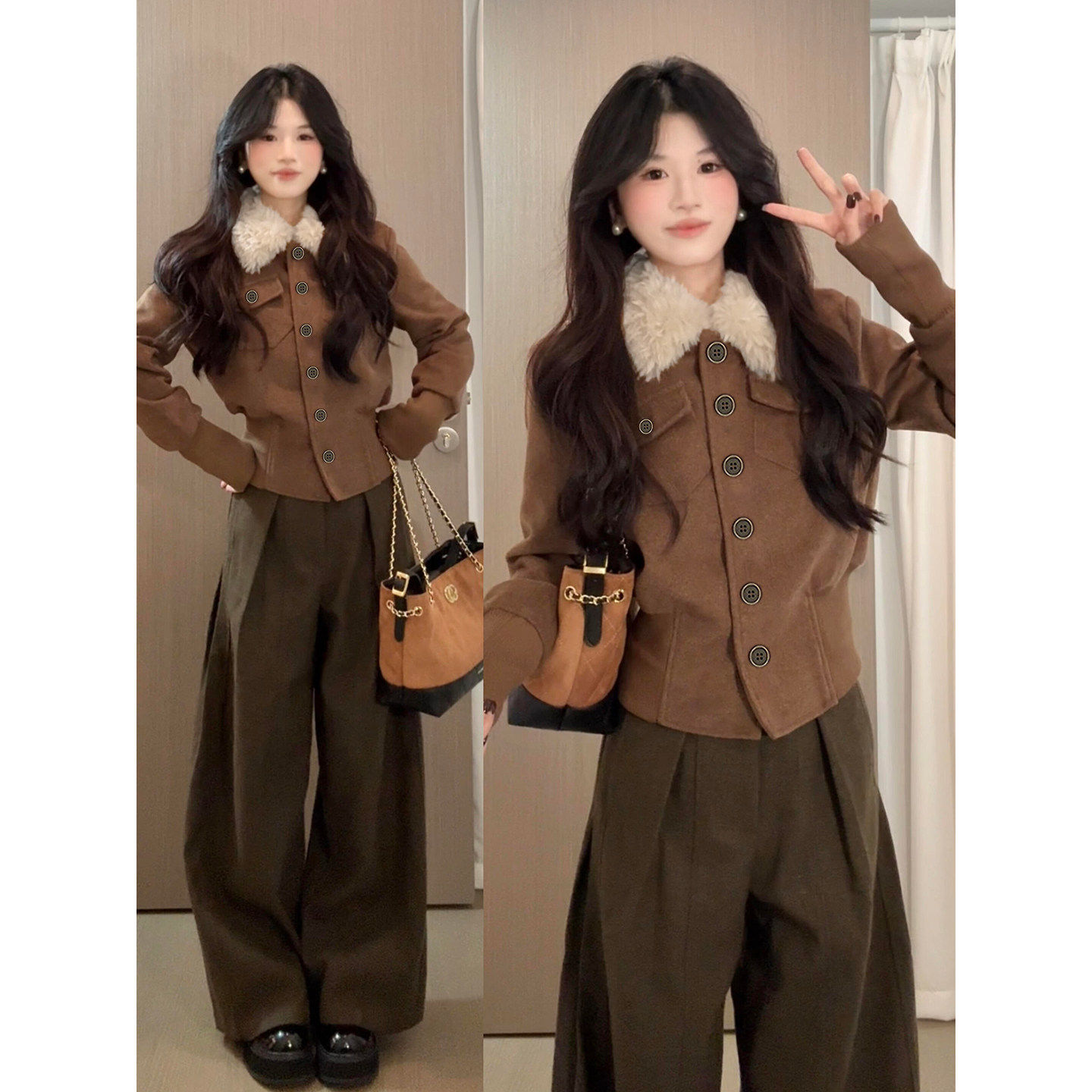 棕咖色小香风毛呢外套女装冬季短款修身巨好看初冬装韩系厚夹棉服