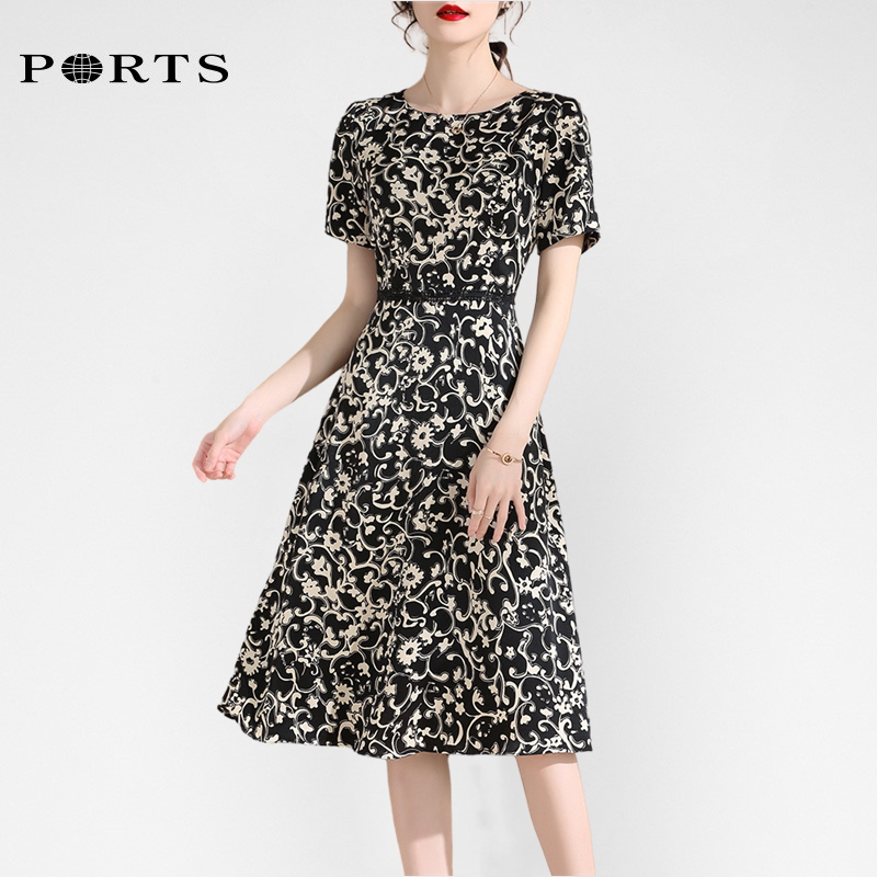 宝姿正品ports2022年夏季通勤印花花纹花色短袖摆裙连衣裙
