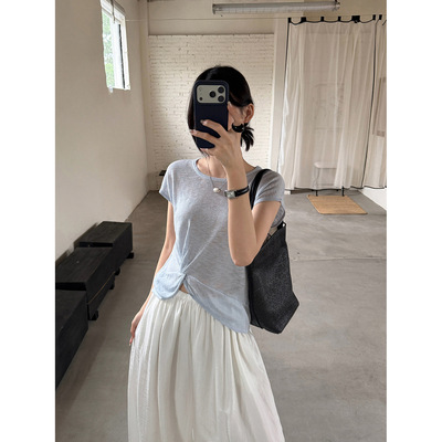 TG 多色系扭结开叉小飞袖凉感透气针织T恤女修身显瘦上衣2026夏季