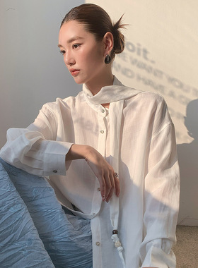 FONE春季2026新款法式飘带百搭气质港味宽松高级感苎麻长袖衬衫女