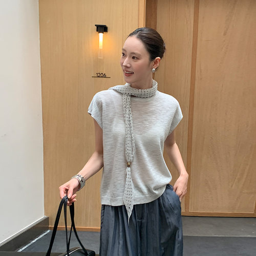 MOXI 夏季2026新款韩系针织短袖T恤小飞袖气质简约上衣女宽松圆领