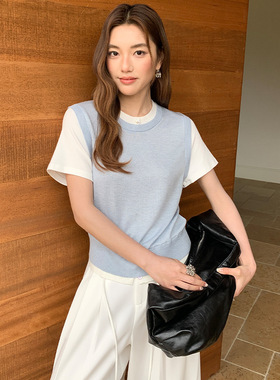 FONE 极简风假两件针织T恤女春季新款叠穿港风小众设计感短袖上衣