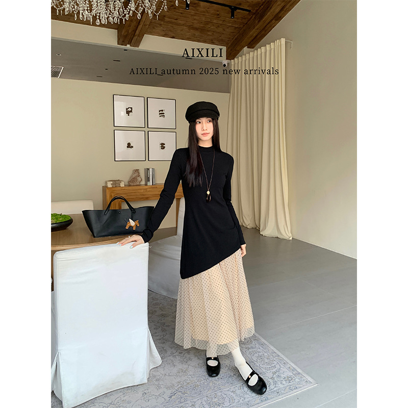 爱西里2025秋气质高级拼接波点网纱设计感不规则针织连衣裙A1671