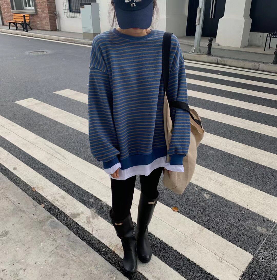 婴儿绒软糯假两件条纹卫衣女冬