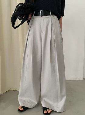 FONE春装2026年灰色压褶阔腿休闲裤女春季新款高腰宽松简约拖地裤