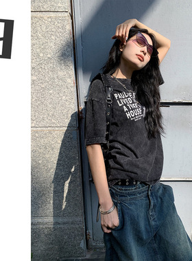 9hour 复古做旧印花t恤2026年春夏慵懒风宽松短袖上衣港味设计感