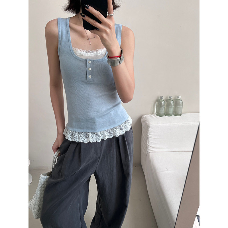 MMC DITION多色系针织吊带背心女夏季蕾丝拼接假两件无袖叠穿上衣