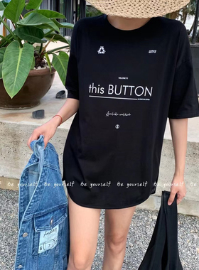 Beyoursellf春夏2024新款圆领宽松上衣港风字母白色t恤女洋气休闲