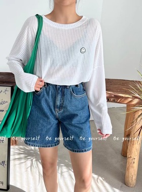 beyourself韩版卡通减龄简约白色薄款螺纹棉蝙蝠袖长袖T恤防晒衫