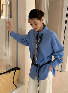 MOXI春季2026新款韩系立领港风设计感衬衫女中长款衬衣上衣配丝巾