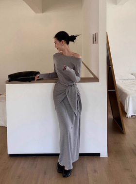 TTOO VOUIS春季新款包臀半身裙披肩抽褶一字领气质针织衫三件套女