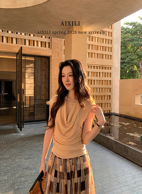 爱西里2026年春季气质设计感挂脖荡领假两件绑带轻奢针织衫女上衣