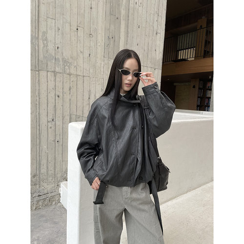 宽松廓形机车夹克飘带立领皮外套
