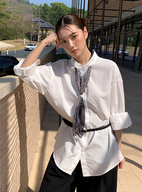 MOXI 春季2026新款韩版休闲衬衣设计感小众港风白色衬衫带丝巾女