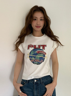 MOXI 2026年春季新款韩系印花短袖T恤女飞飞袖减龄卡通上衣女学生