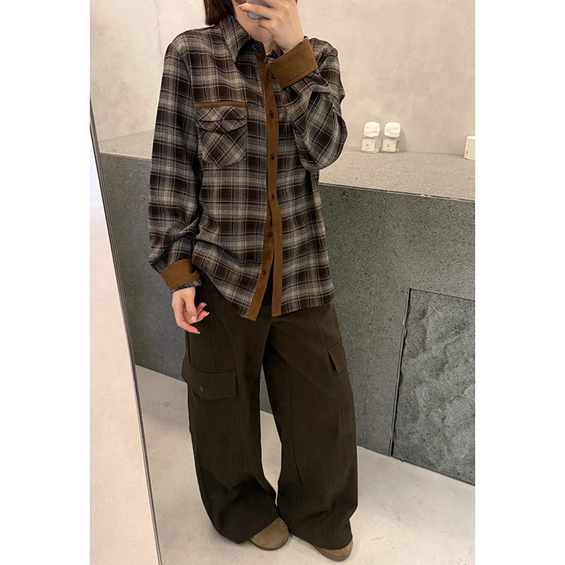 衬衫女秋冬宽松翻领拼色口袋衬衣