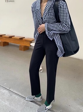 特价不退oneseven韩版2022年斜角黑色不规则设计感九分西装直筒裤