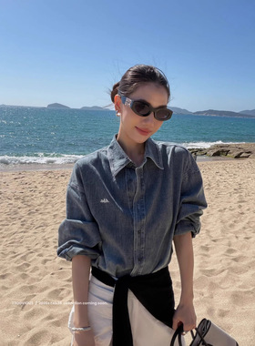 TTOO VOUIS春季新款港风宽松休闲百搭复古水洗刺绣牛仔衬衫外套女