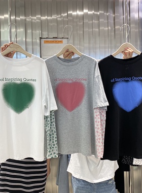 2025年新款小众设计感假两件防晒衣女长袖爱心字母印花黑色t恤女