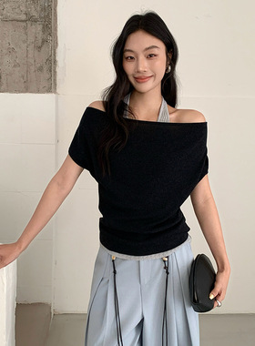 FONE 简约氛围感黑色挂脖露肩针织衫女春季一字肩气质假两件上衣