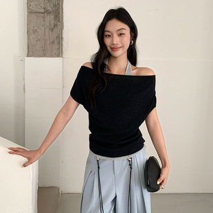 FONE 简约氛围感黑色挂脖露肩针织衫女春季一字肩气质假两件上衣