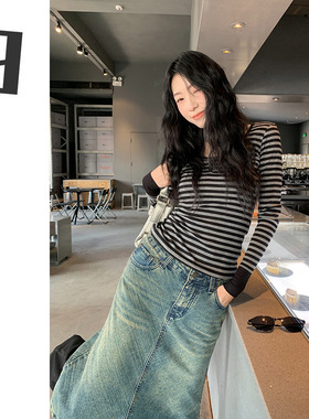 9hour 美式辣妹风U领条纹t恤2026年早春性感天丝长袖洋气港味上衣