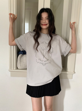 MOXI 2026年春季新款韩系宽松短袖T恤女纯棉正肩小众港风上衣ins