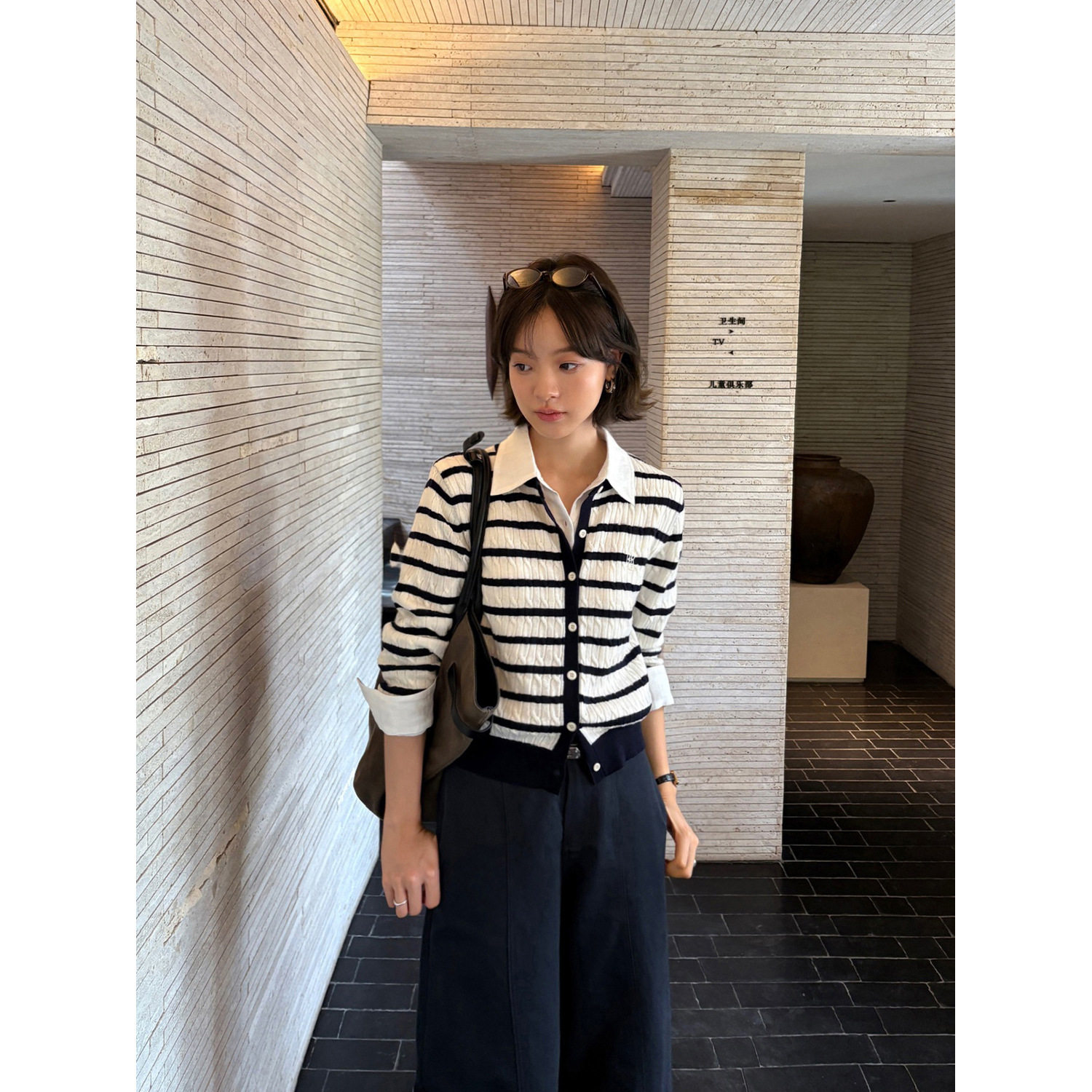 条纹经典针织衫麻花开衫外套女