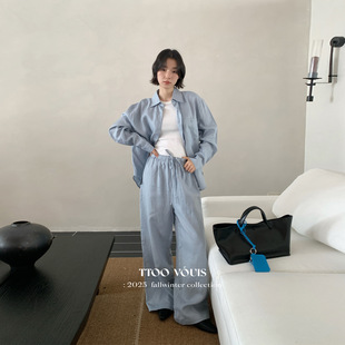 VOUIS夏季 港味亚麻衬衫 T.TOO 气质文艺感休闲长裤 女 阔腿时尚 套装