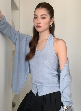 FONE港味甜酷风针织衫开衫套装女春季2026新款露背挂脖吊带两件套