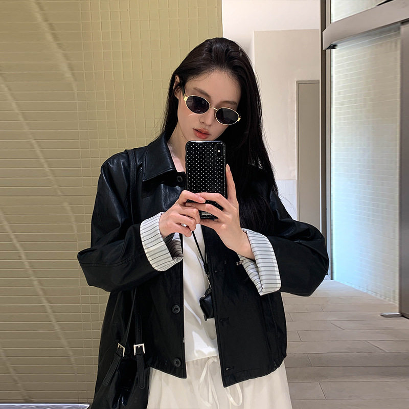 MOXI 2026春季新款韩版翻领PU皮衣外套女潮短款夹克港味休闲上衣