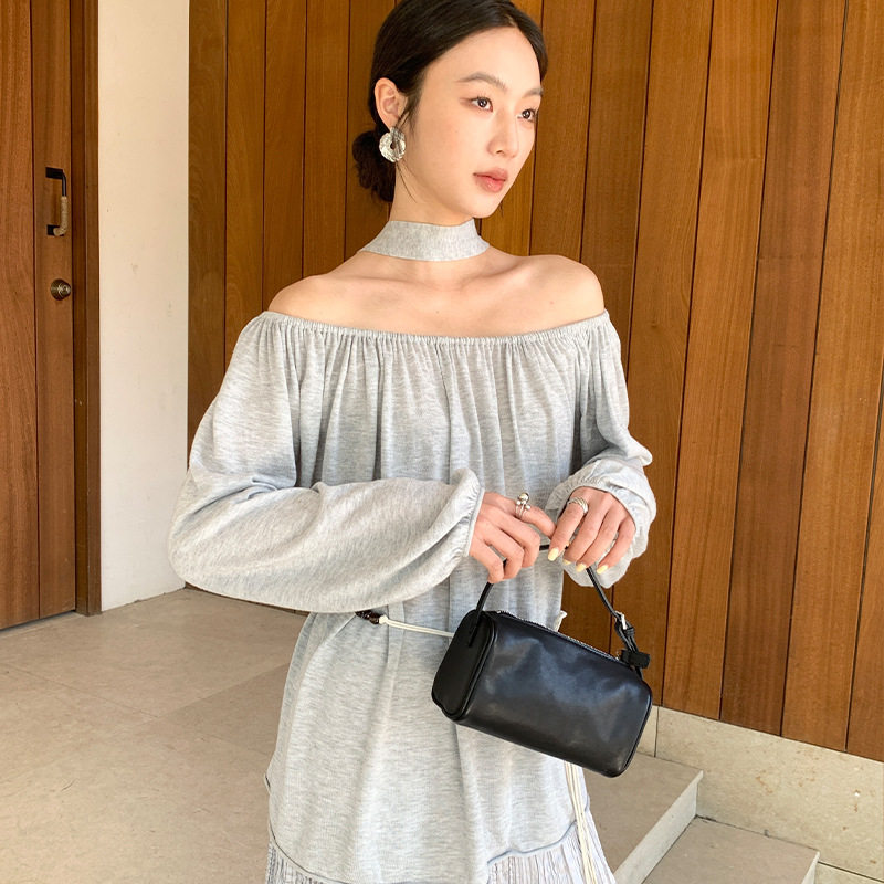 FONE一字领宽松针织衫女春季新款慵懒风天丝飘带露肩港风小众上衣