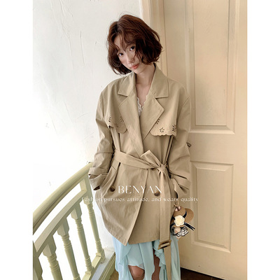 绑带收腰设计感风衣外套女中长款