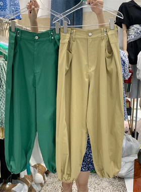 特价清仓不退换XU+韩版绿色港风休闲直筒裤可调节高腰束脚裤显瘦