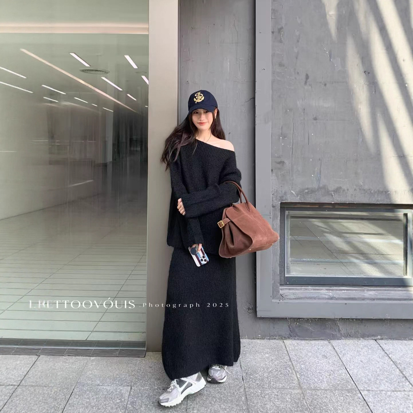 TTOO VOUIS冬季加厚保暖斜肩露肩毛衣松毛织针织半身长裙两件套女