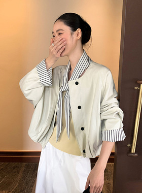 MOXI 2026年春季韩系拼接条纹皮衣夹克女港风小个子时尚短款外套